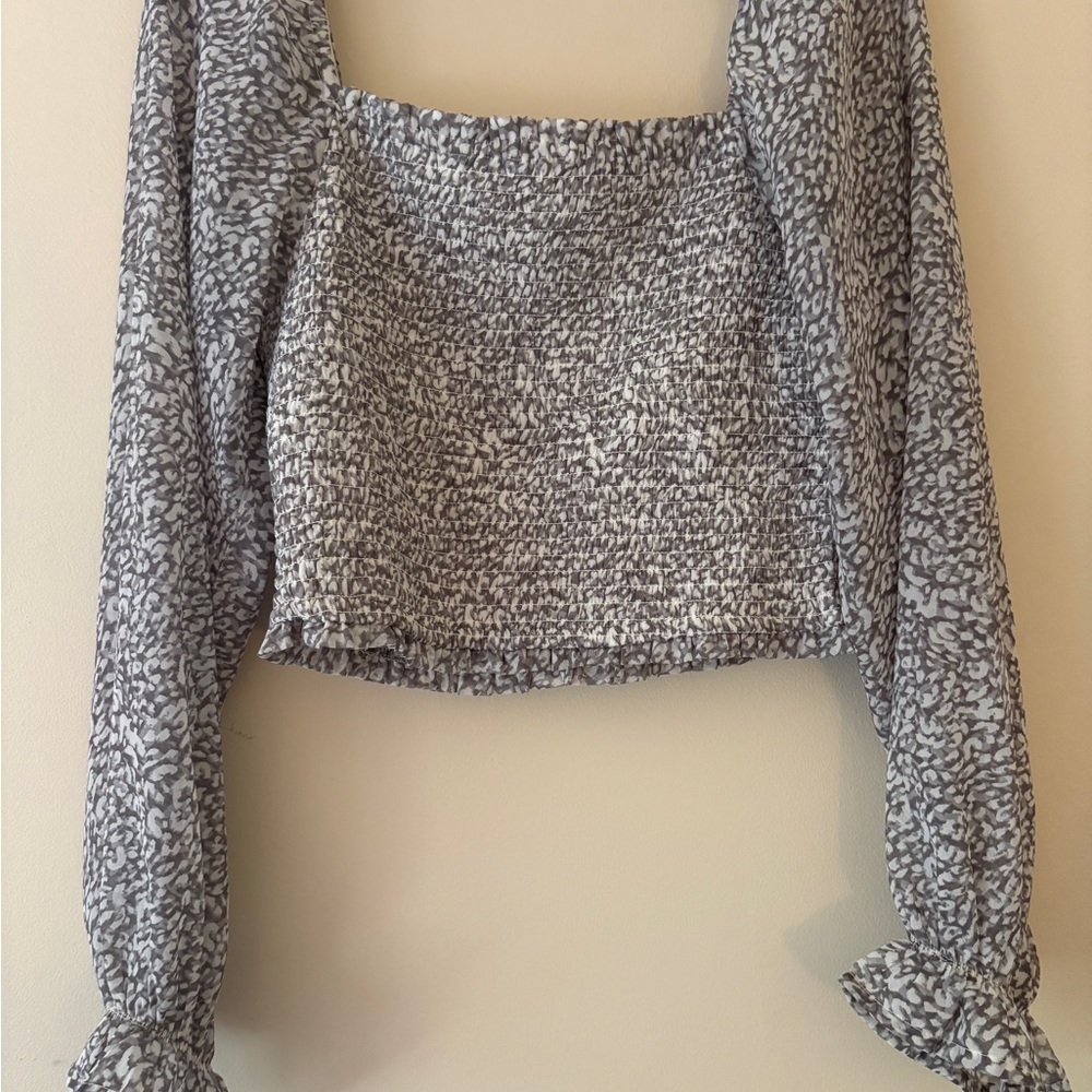 Japna Gray White Smocked Off Shoulder Crop Blouse Large Ruffle Sleeve
